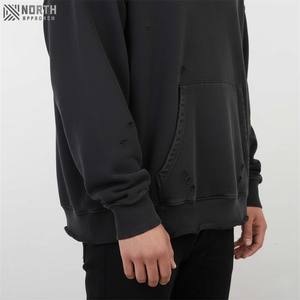 Topshow Streetwear alta calidad Vintage rasgado cuello en V en blanco gota hombro francés Terry ácido lavado desgastado recortado Sudadera con capucha hombres - Product Image 2