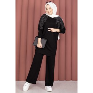 Traje de Pantalón Casual de Dos Piezas Negro para Mujer de Oficina, Túnica con Adornos en los Hombros y Conjunto de Pantalones Cortos XS para el Trabajo - Product Image 1