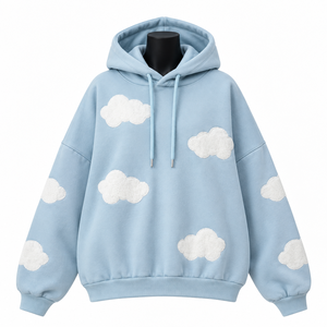 Women's Light Blue Hoodie With White <b>Cloud</b> Applique Casual Oversized Sweatshirt Autumn Knitted Cotton Pullover - Product Image 1