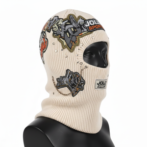 Balaclava en tricot côtelé acrylique de qualité supérieure 320 GSM, couvre-visage d'hiver doux, beige, logo personnalisé tissé pour femmes - Product Image 3