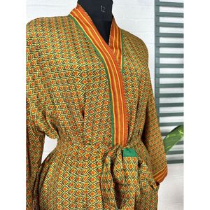 Boho House Vintage Silk Sari Dressing Gown Recycled <b>Robe</b> Kimono <b>Beach</b> Coverup Green Yellow Bridesmaid Anniversary Gift for Her - Product Image 5