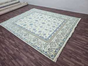 Tapis en laine bleu clair fait à la main au design moderne oushak noué à la main pour la maison ou le pique-nique Taille personnalisable de 5x8 à 10x12 - Product Image 4