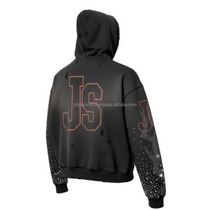 Sudadera con capucha y cremallera de invierno de primera calidad 380 GSM tela de lana color negro diamantes de imitación mangas de llama logotipo personalizado bordado básico Sudadera con capucha - Product Image 5