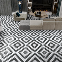 Carreaux de sol en céramique à surface brillante imprimés numériquement 400x400 mm, rayures carrées noires et blanches, style moderne pour intérieur de villa