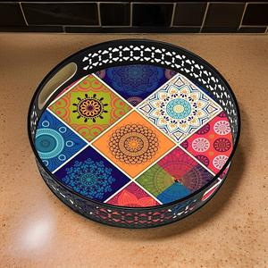 Bandeja de servicio de corte láser diseñador impresión esmalte recubierto redondo hierro Metal decorativo Pichwai bandeja hogar regalos promocionales precio bajo - Product Image 6