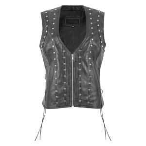 Gilet en cuir de mouton véritable pour femmes gilet en cuir noir clouté lacets latéraux réglables col en v fermeture à glissière - Product Image 1