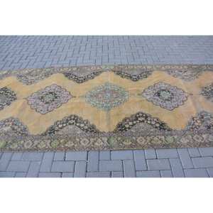 Vintage Turkish Rug Classic Yellow Black 4.7 X 12.8ft Handmade Wool Patchwork Design for Entryway Living Rectangular Shape Latex - Product Image 3