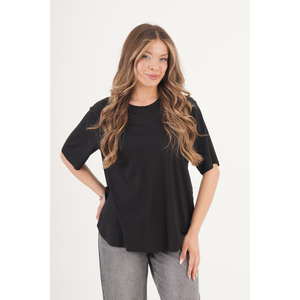 Camiseta Básica de Cuello Redondo sin Costuras LUSTRIN para Mujer, Cómoda Camiseta Negra Lisa de Manga Corta para Uso Diario - Product Image 1