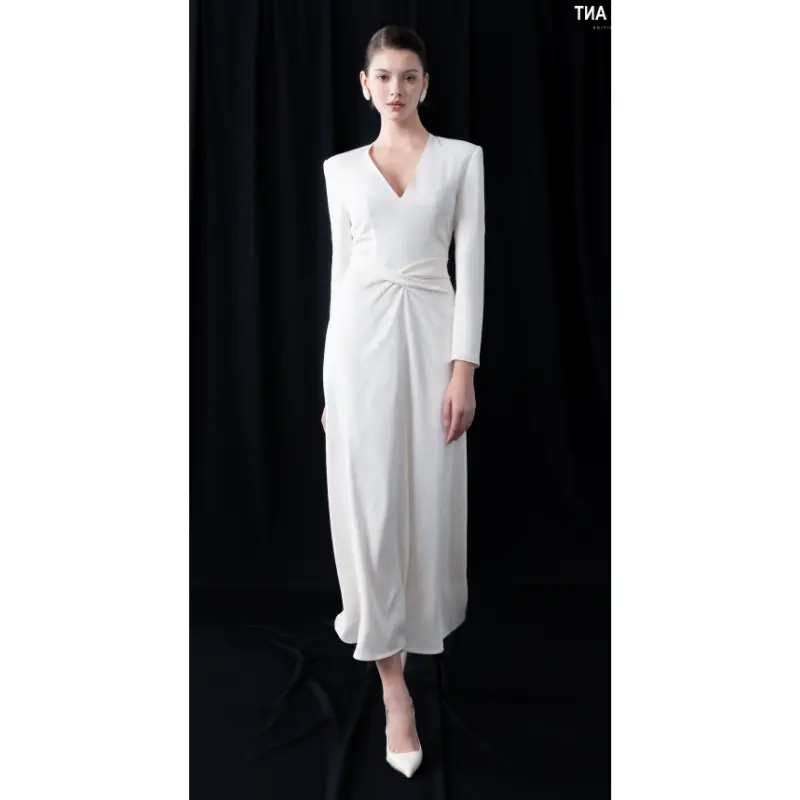 Kadin resmi elbiseler toptan fiyat Dia v yaka Wrap elbise beyaz siyah renk geri saten Georgette Whiteant Vietnam Deknit