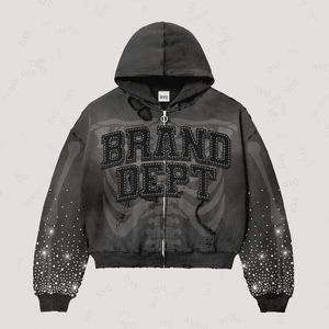 Top Quality OEM Custom Cotton Embroidery Leather Patch Letters Distressed Sun-faded Shiny <b>Rhinestones</b> <b>Hoodie</b> - Product Image 2