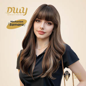 Samara- DWY Wavy MiraScalp Tea Brown Glueless Synthetic <b>Wig</b> with Light Brown Lace Highlights - Product Image 2
