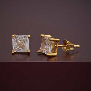 Princess Cut 92.5 <b>Silver</b> <b>Stud</b> <b>Earrings</b> Vintage 14K Gold Plated Geometric Pattern with Diamond for Parties - Product Image 6