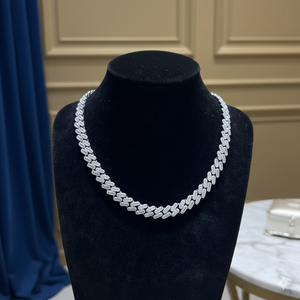 Cadena de eslabones cubanos de diamante helado Pave y ajuste de canal redondo y corte Baguette rodio plateado plata esterlina Unisex - Product Image 1