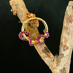 14K Solid Gold Red CZ Diamond Snake <b>Daith</b> <b>Piercing</b> FIne <b>Jewelry</b>. - Product Image 3
