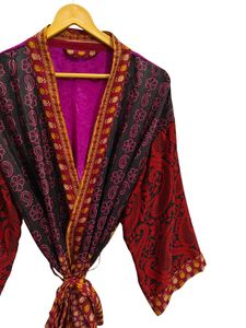 Robe de mariée Robe en soie légère pour femme Robe longue de nuit, Kimono Sari en soie recyclée vintage indienne à imprimé floral, - Product Image 3