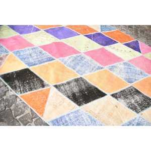 Tapis turc vintage 6,7x10,8 pi (203x328 cm), tapis oriental patchwork orange et bleu - Product Image 5