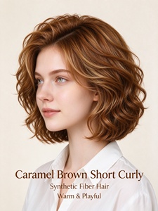 Peluca Corta Ondulada Marrón Caramelo, Peluca de Cabello Sintético con Encaje Completo sin Pegamento para Mujer, Uso Diario - Product Image 3