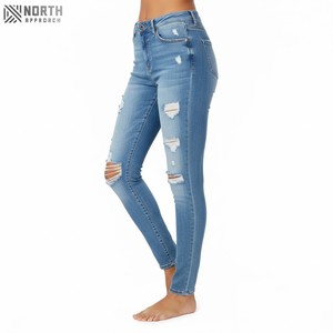Skinny Denim Blue Straight Style Ripped Fit Tallas grandes Jeans para mujer Mid Washed Five-Pocket Ladies Jean Pantalón transpirable - Product Image 3