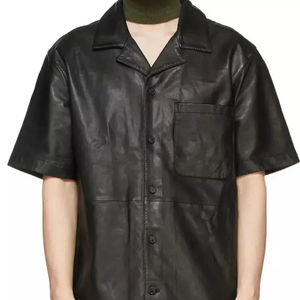 Genuine Black Breathable Leather <b>Shirt</b> New Custom Design <b>Short</b> <b>Sleeve</b> Leather <b>Button</b> <b>up</b> Casual <b>Shirt</b> for Men With Front Pockets - Product Image 2