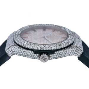 Mode antique coupe ronde Moissanite diamant clouté glacé or rose acier inoxydable cadran automatique noir bracelet en caoutchouc montre - Product Image 4