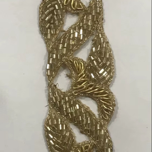 Broderie de luxe artisanale en perles de teal et or, zari, zardoshi et sequins sur filet - Product Image 1
