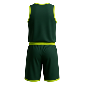 Ensemble d'uniformes de basket-ball vert foncé avec bordure jaune fluo - Logo personnalisé, col rond, vêtements de sport à séchage rapide - Product Image 3