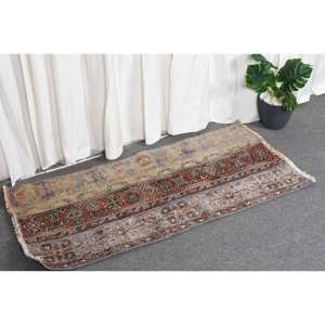 พรมขนสัตว์สีน้ำตาลเบจขนาด1.5x3ฟุตแนววินเทจทำด้วยมือแบบตุรกีพรมสี่เหลี่ยมลายเย็บปะติดสำหรับห้องนั่งเล่นข้างเตียงทำจากยาง - Product Image 3