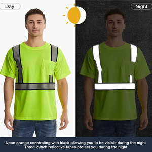 เสื้อยืดเซฟตี้แบบยูนิเซ็กซ์ สีเขียวมะนาว แถบสะท้อนแสง กระเป๋าหน้าอก ผ้าฝ้าย พิมพ์ลาย UV สำหรับงานอุตสาหกรรม - Product Image 5