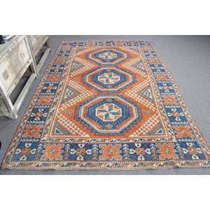 Alfombra Vintage Grande Ecológica de 5.8x8.4 pies, Azul y Naranja, Diseño de Patchwork, Lana con Base de Látex - Product Image 3