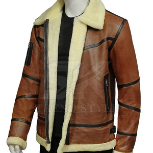 Veste en cuir pour homme doublée de fourrure avec poignets et ourlet côtelés Veste en cuir haut de gamme pour homme avec fourrure à l'intérieur - Product Image 5