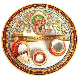 Ganesh Marble Meenakari Pooja Thali Online for Ladies - Product Image 1