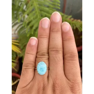 Natural Larimar Moissanite <b>Ring</b> <b>925</b> Sterling <b>Silver</b> Handmade Gemstone <b>Ring</b> Wholesale Jewelry Supplier - Product Image 4