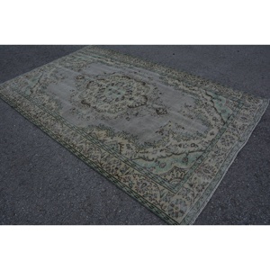 Classic Vintage Turkish Rug 5.8 X 9.2ft Green Beige Wool Large Area Rectangle Patchwork Abstract for Hallway Room Rug Latex - Product Image 4