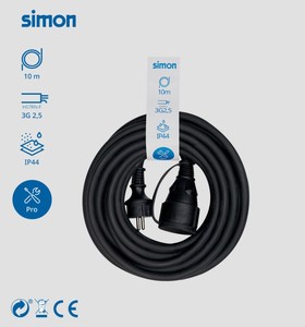 10m. Cavo di prolunga Schuko con cappuccio 3x2.5mm. Nero IP44 (Simon PL122401) - Product Image 3