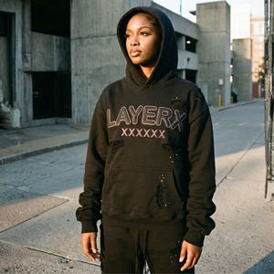 Sweat à capuche personnalisé pour femme 2026, poids lourd, 500 g/m², polaire polyester/coton, effet vieilli, strass, impression 3D en relief, badge, streetwear - Product Image 2