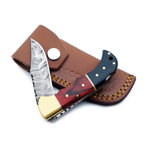 Handmade Damascus Steel EDC Pocket <b>Knife</b> Red Black Pakka Wood Back <b>Lock</b> Folding <b>Knife</b> with Leather Sheath for Outdoor Camping - Product Image 5