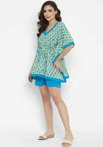 Top de caftán de encaje llamativo para mujer, pantalones cortos estampados de tres cuartos de manga, para vacaciones de verano - Product Image 3