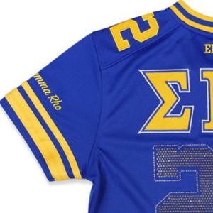 Sigma Gamma Rho SGRho Greek Sorority Royal Blue Gold Football Jersey Short 100% Poliéster Bordado Logos Front Back Shoulders - Product Image 5