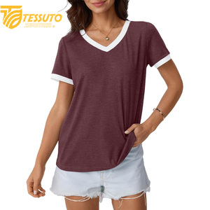 Camiseta básica de gran tamaño con logotipo estampado personalizado de peso pesado, camiseta de talla grande de alta calidad a la moda para mujer, Camiseta 100% de algodón con cuello en V - Product Image 3