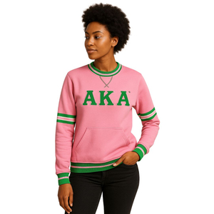 เสื้อสเวตเตอร์คอกลมปักลายสีชมพูอาคาเสื้อสเวตเตอร์คอกลมแต่งตามสั่งเสื้อผ้าสำหรับสโมสรชีวิตชาวกรีกมีแถบผ้าถัก - Product Image 2