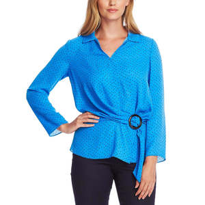 Top a Maniche Lunghe con Cintura Vince Camuto da Donna, Modello Ditsy Fragments, Blu Tinta Unita, Taglie S e XL, in Maglia e Chiffon per Ufficio, Autunno Primavera - Product Image 1