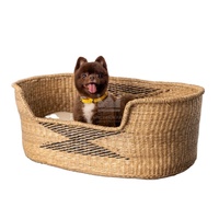 Lit pour animaux de compagnie tissé à la main en jonc de mer naturel direct d'usine lit pour chien et chat en osier jacinthe d'eau écologique avec coussin motif solide