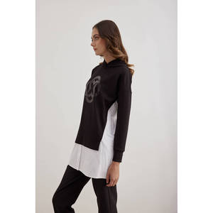 Blusa Holgada de Seda y Lino para Mujer, con Bordado y Encaje, Cuello Asimétrico, Diseño a Cuadros y Rayas - Product Image 3