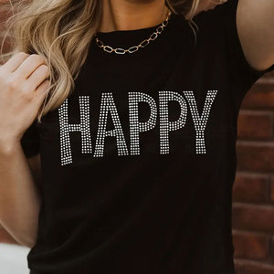 Rhinestone Embellished Women T Shirt with Loose Fit Breathable Canvas Glittery <b>Chest</b> Design Club Style Customizable - Product Image 3