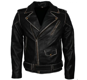Venta caliente de los hombres Slim Fit Biker Jacket Nuevo producto-Cuero negro desgastado con cremallera de marca para montar en bicicleta de invierno - Product Image 3