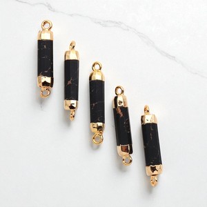Charmes de pierres précieuses en jaspe noir à double point plaqué or 18 carats-Connecteurs de pierres précieuses de forme cylindrique pour la vente en gros - Product Image 1