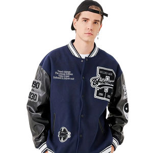 Veste de baseball pour hommes en gros, style streetwear, vintage, logo personnalisé, col montant, manches en cuir, capuche en laine - Product Image 1