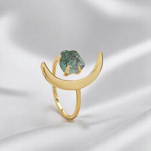 925เงินดิบพลอยเทียมแหวนพระจันทร์เสี้ยวมรกตทำด้วยมือแหวนพลอยอัญมณีที่ตั้งแบบง่ามแหวนพลอย - Product Image 1
