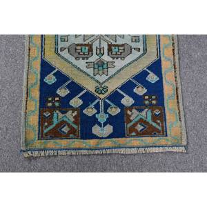 Classique Bleu Beige 1.7 X 3.4ft Vintage Tapis Turc À La Main Patchwork Conception Laine Bambou Soie Latex pour Salon Couloir Rectangle - Product Image 3
