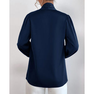 Latest Design <b>Navy</b> Ladies Office Blouses Fashion Clothes <b>Women</b> Tie Neck Blouse Satin Long Sleeves Blouse - Product Image 2